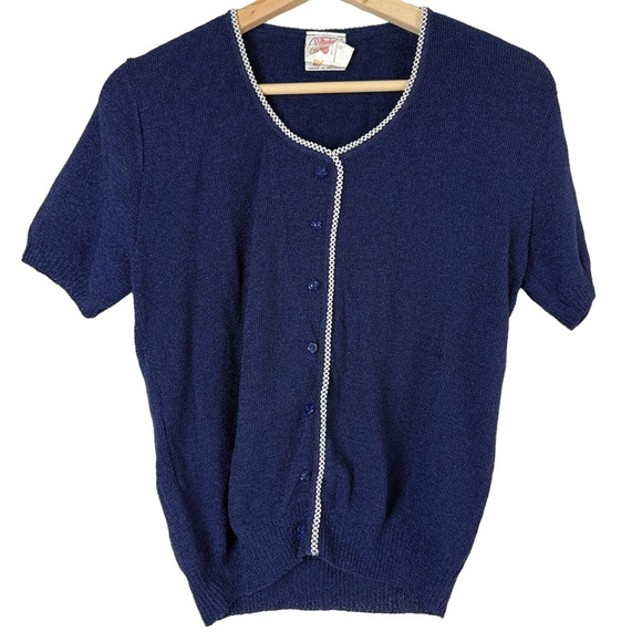 Vintage 70's Navy Blue Double Knit Top Short Sleeve Size Small - Picture 1 of 7